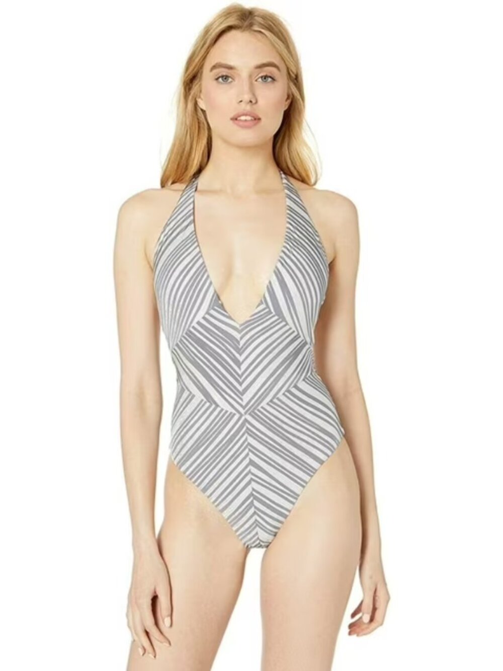 BCBGMaxAzria Gray and White Striped One-Piece Swimsuit